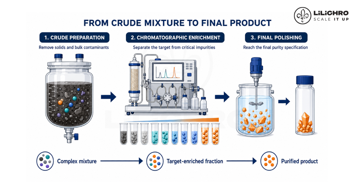 Preparative purification workflow from crude mixture to final polishing